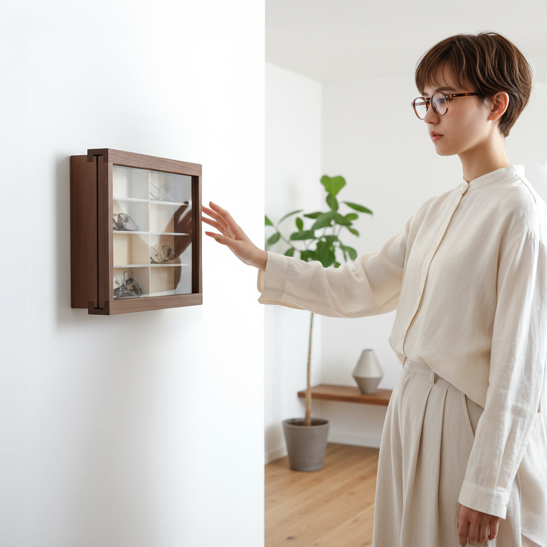 Présentoir à lunettes en noyer noir avec porte coulissante